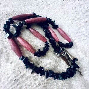 JAY KING Necklace 23.5” Vintage Art Deco Pink Rhodonite Black Onyx Pewter Clasp